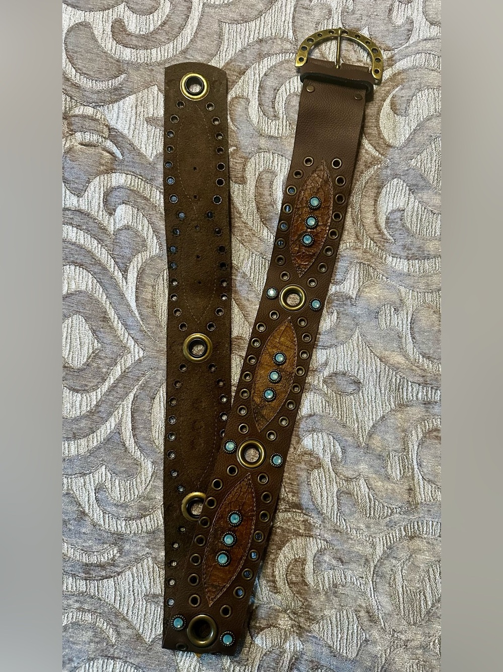Leather rock Brown Studded Women's Belt with Turquoise Accents